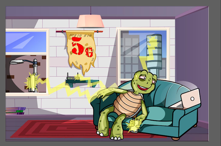Illustrated turtle character in a room scene by Ayoub Benhammadi